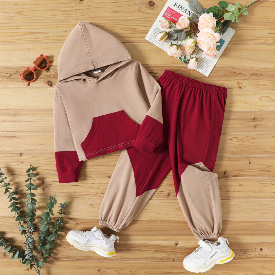 2pcs Toddler Girl Colorblock Pocket Design Hoodie Sweatshirt and Pants Set WineRed