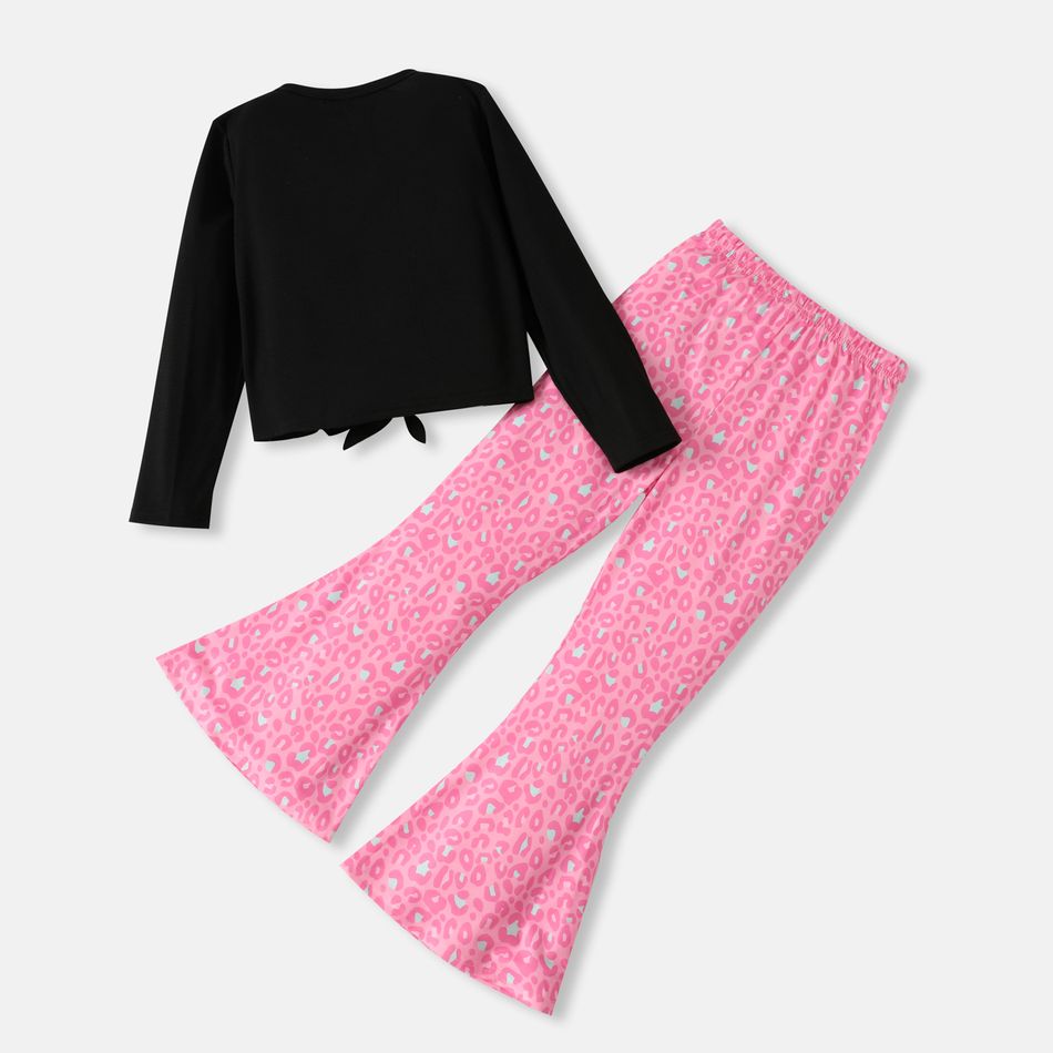 L.O.L. SURPRISE! 2pcs Kid Girl Graphic Print Tie Knot Long-sleeve White Tee and Stripe Heart Leopard Print Pink Flared Pants Set Black big image 3