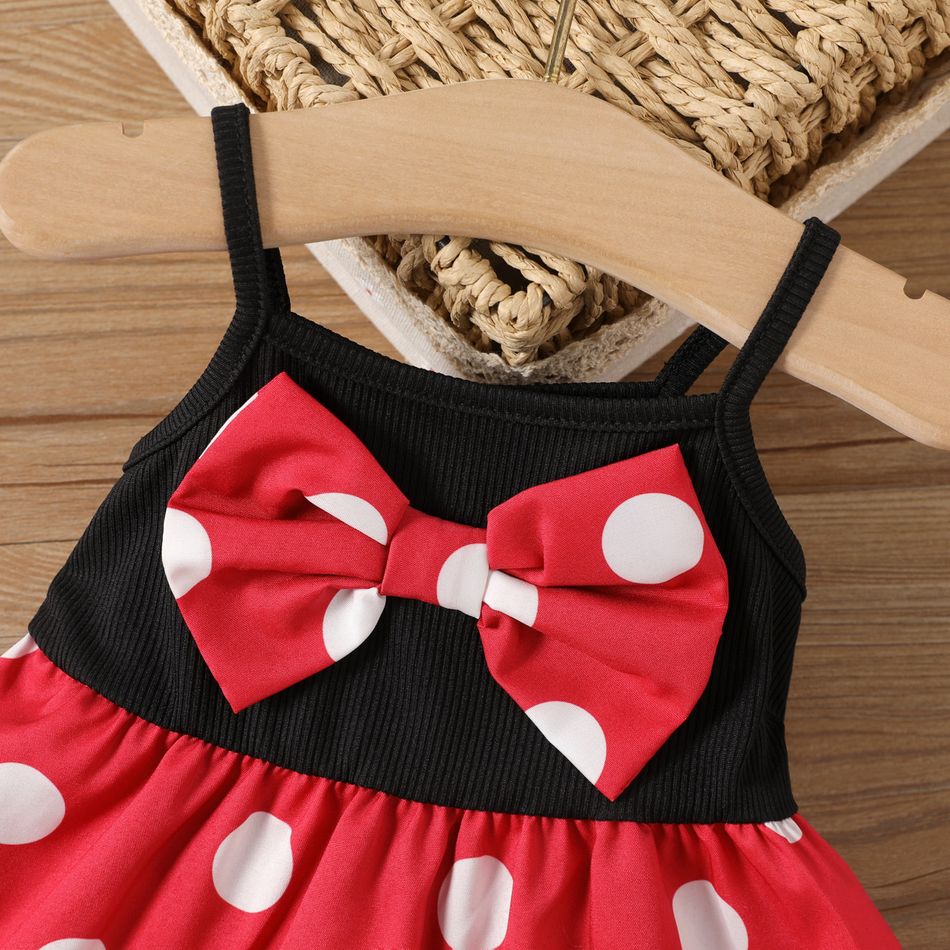 2pcs Baby Girl Polka Dots Bow Front Layered Cami Dress with Hat Set Color block big image 4