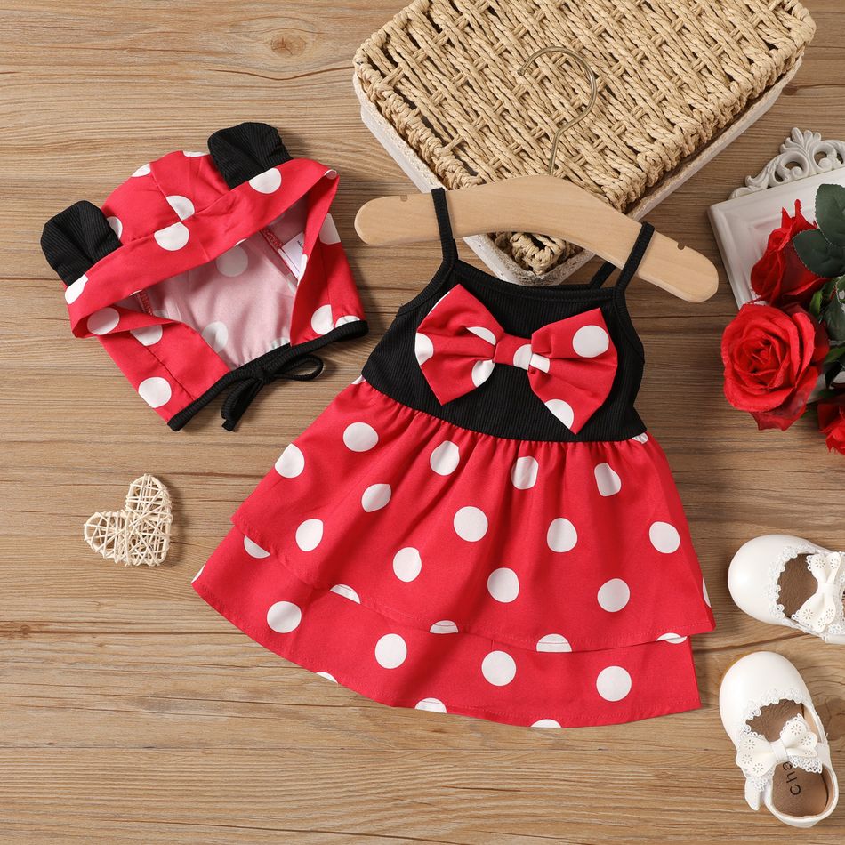2pcs Baby Girl Polka Dots Bow Front Layered Cami Dress with Hat Set Color block big image 1