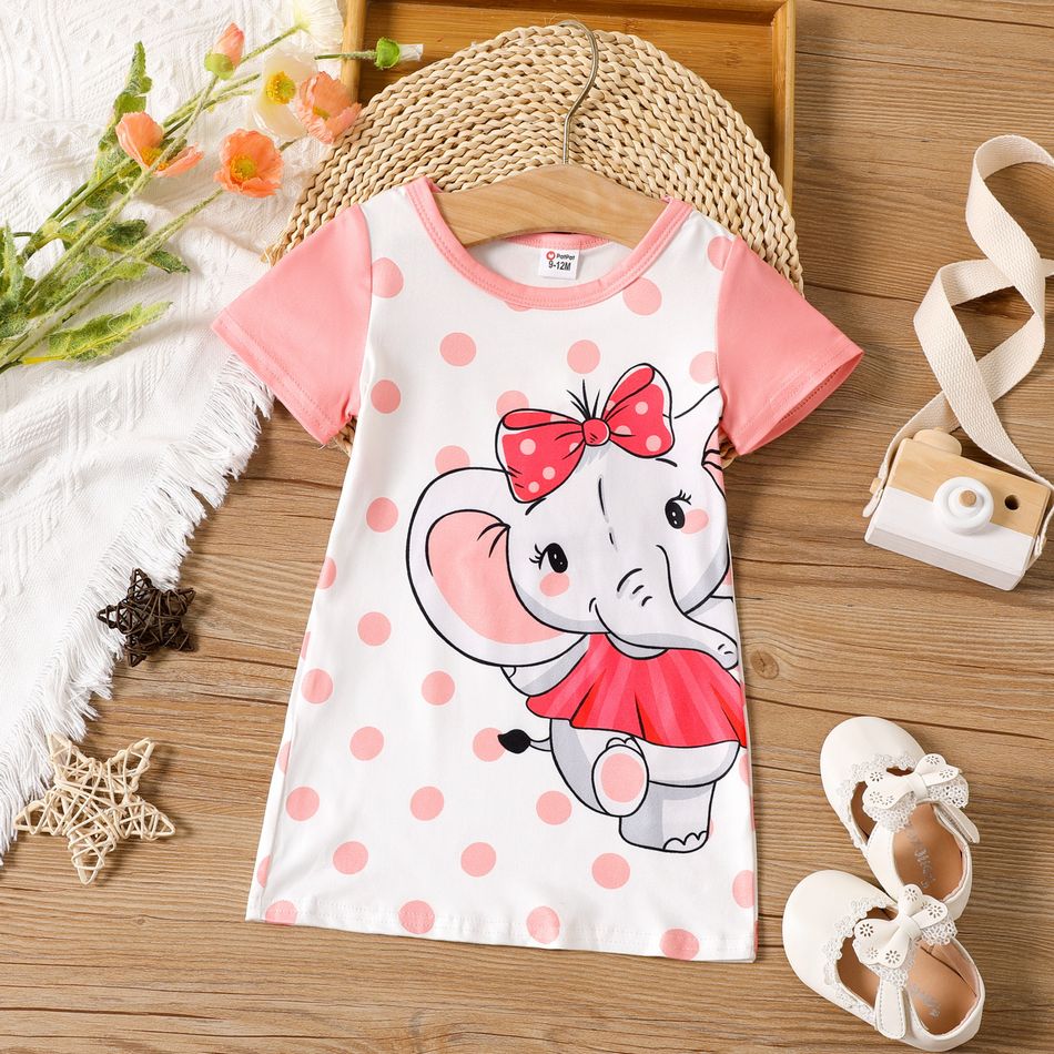 Baby Girl Polka Dots Cartoon Elephant Print Spliced Short-sleeve T-shirt Dress Pink