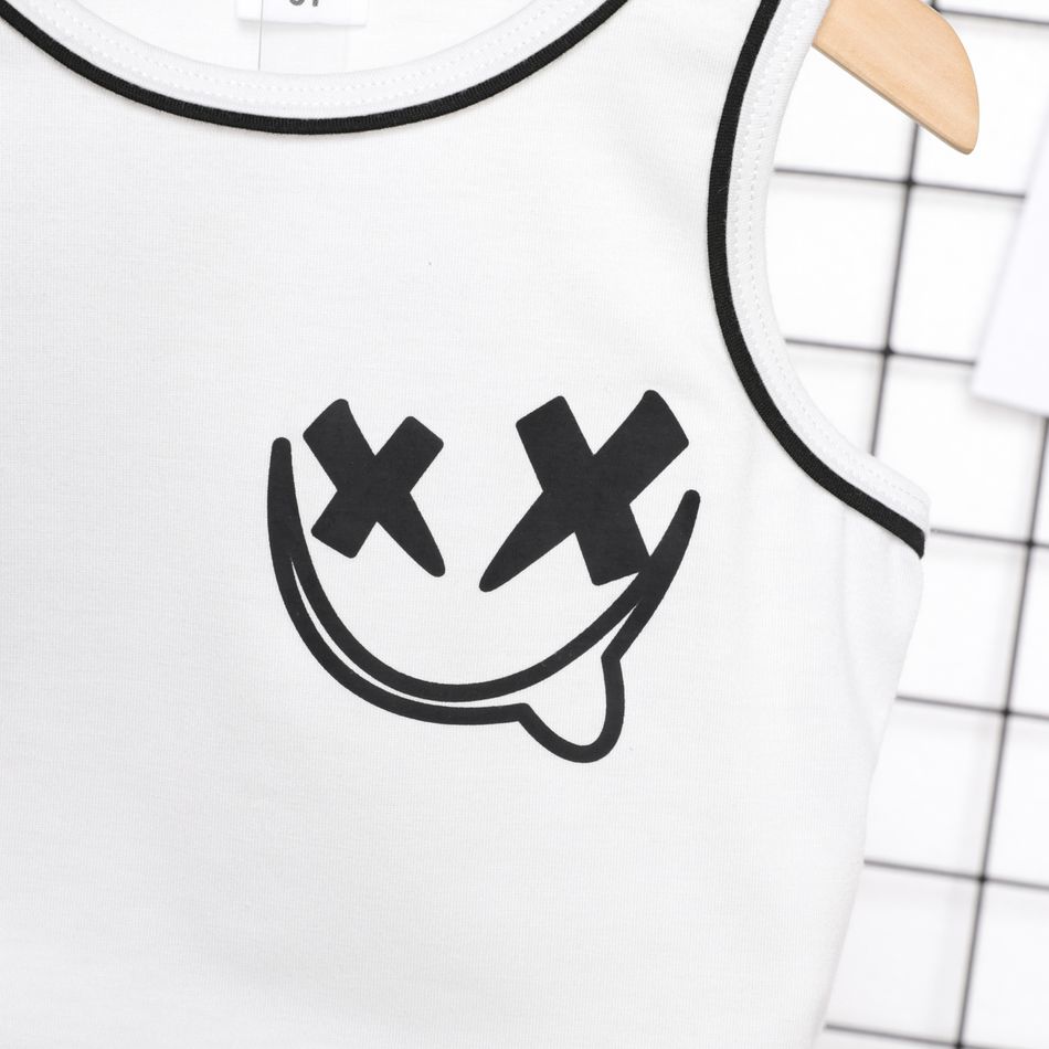 2pcs Toddler Boy Face Graphic Print Tank Top and Elasticized Shorts Set White big image 4