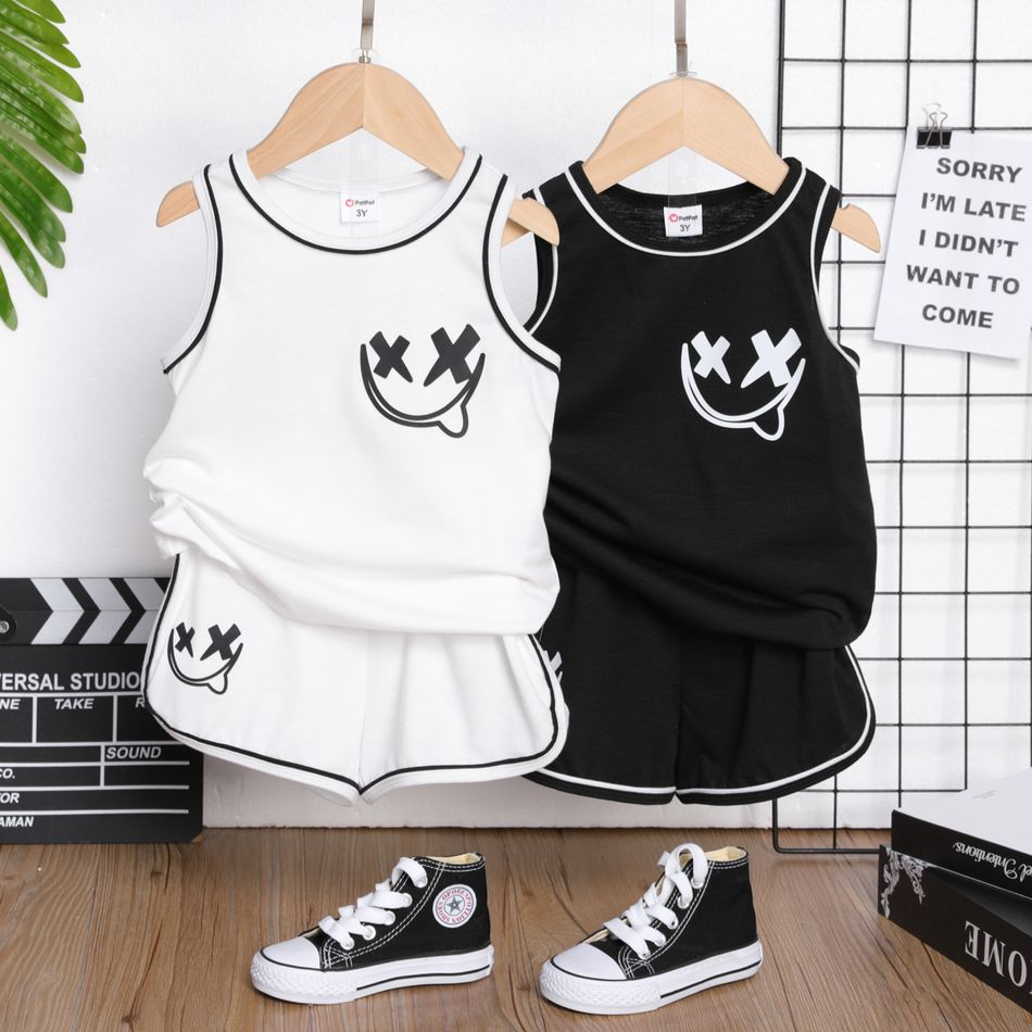 2pcs Toddler Boy Face Graphic Print Tank Top and Elasticized Shorts Set White