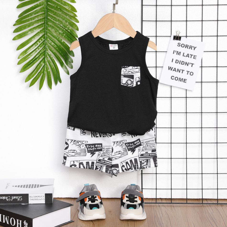 2pcs Toddler Boy Pocket Design Sleeveless Black Tee and Allover Print Shorts Set Black