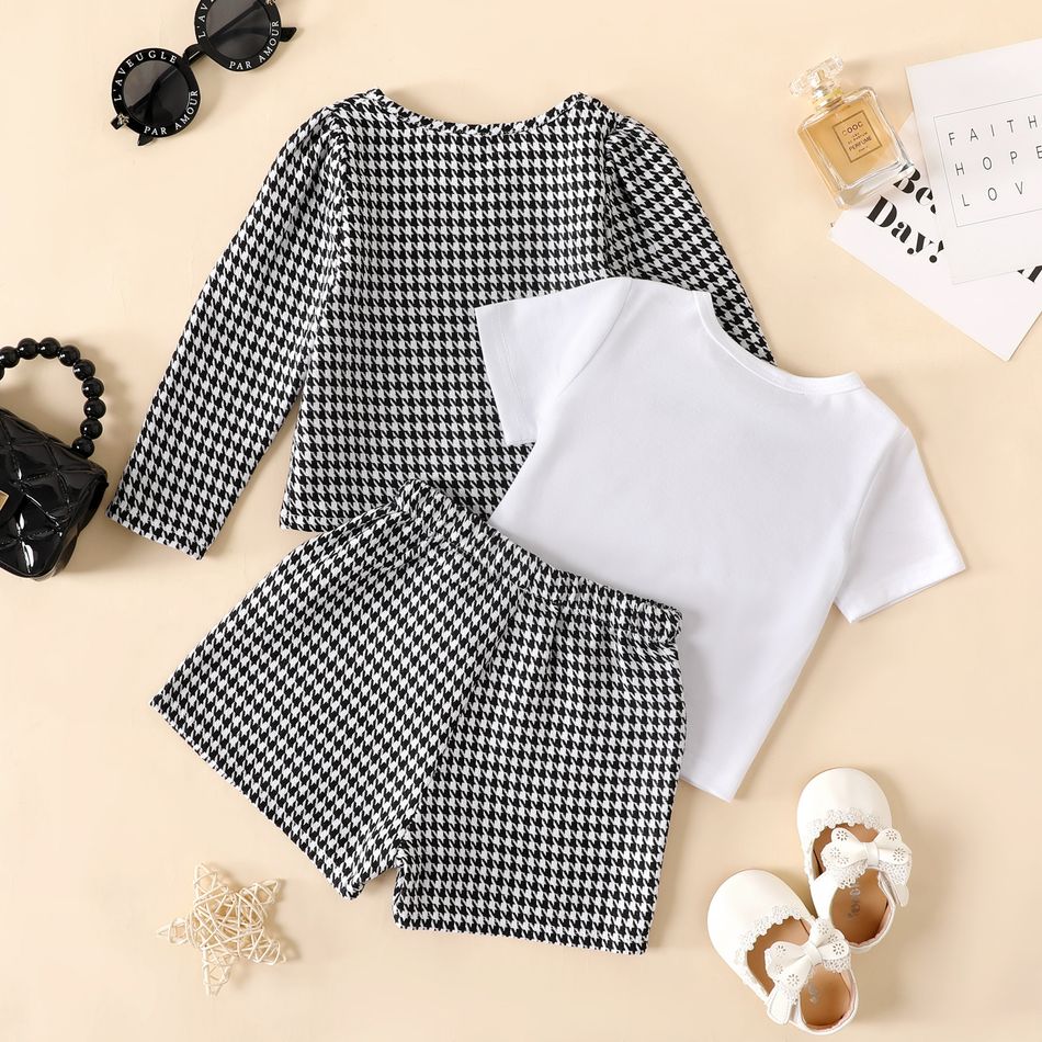 3pcs Baby Girl Houndstooth Long-sleeve Jacket and Shorts with Solid Tee Set BlackandWhite big image 3