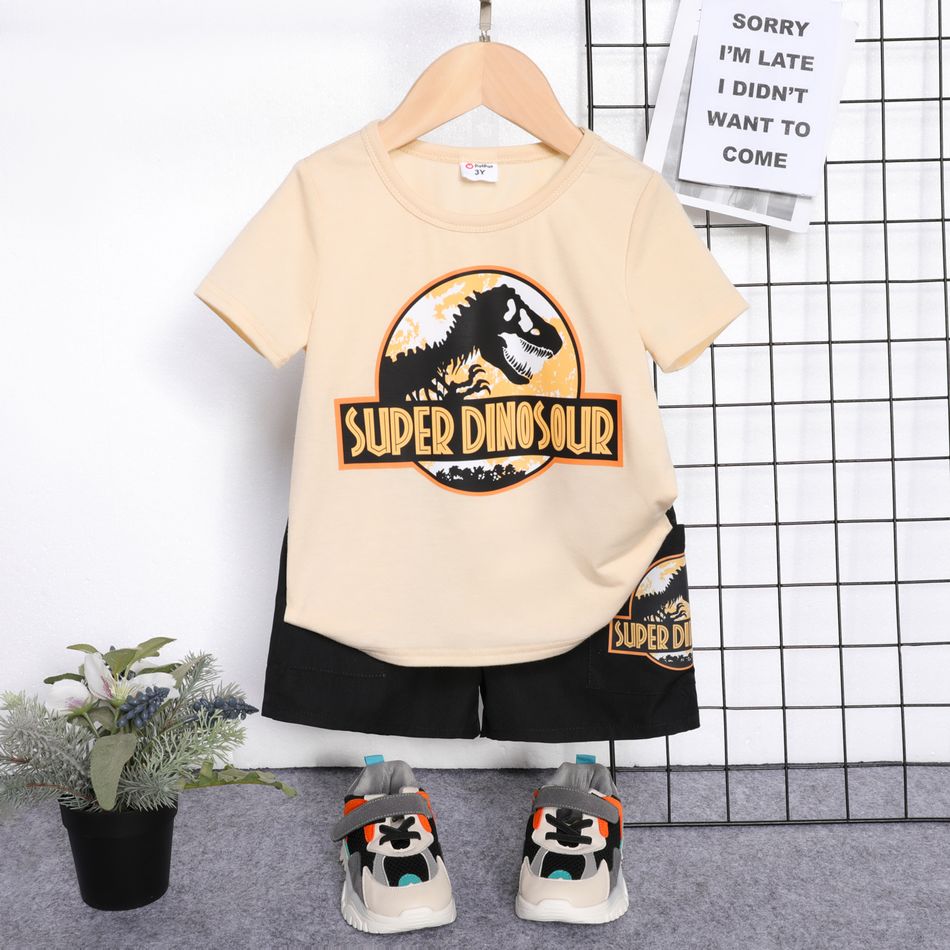 2pcs Toddler Boy Letter Dinosaur Print Short-sleeve Tee and Black Shorts Set Apricot