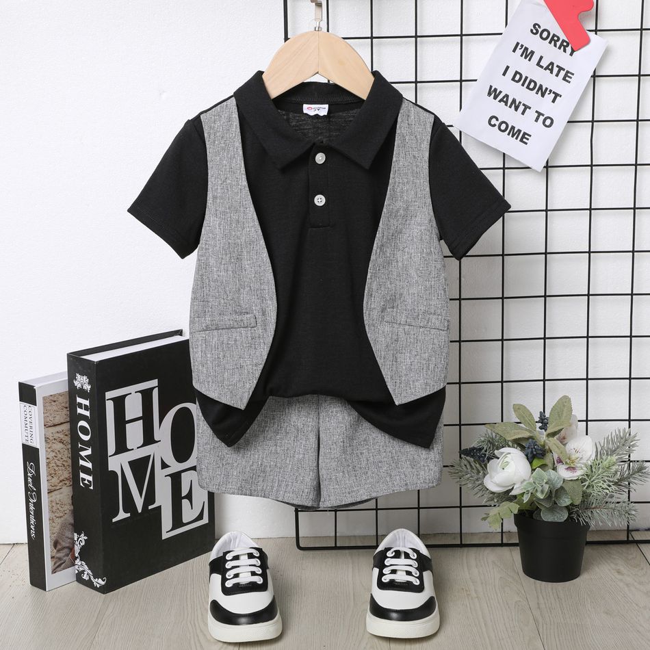 2pcs Toddler Boy Gentleman Suit, Faux-two Vest Design Short-sleeve Polo Shirt and Gery Shorts Set Black