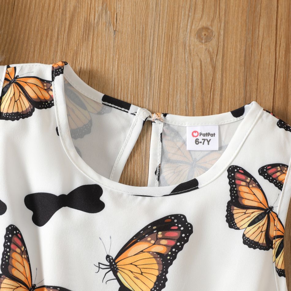 2pcs Kid Girl Butterfly Print Sleeveless Dress and Waffle Brown Long-sleeve Cardigan Set Brown big image 3
