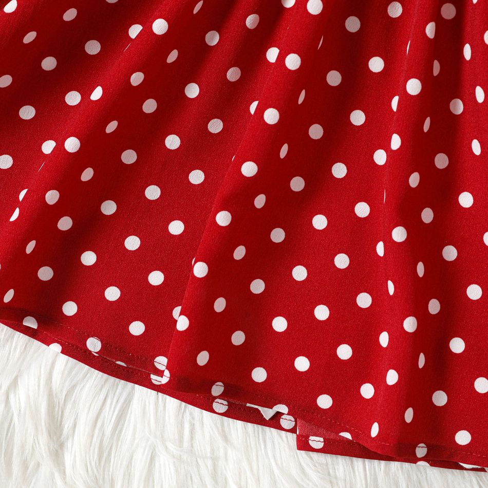 طفلة صغيرة منقطة ياقة طية صدر السترة فستان أحمر طويل الأكمام أحمر big image 5