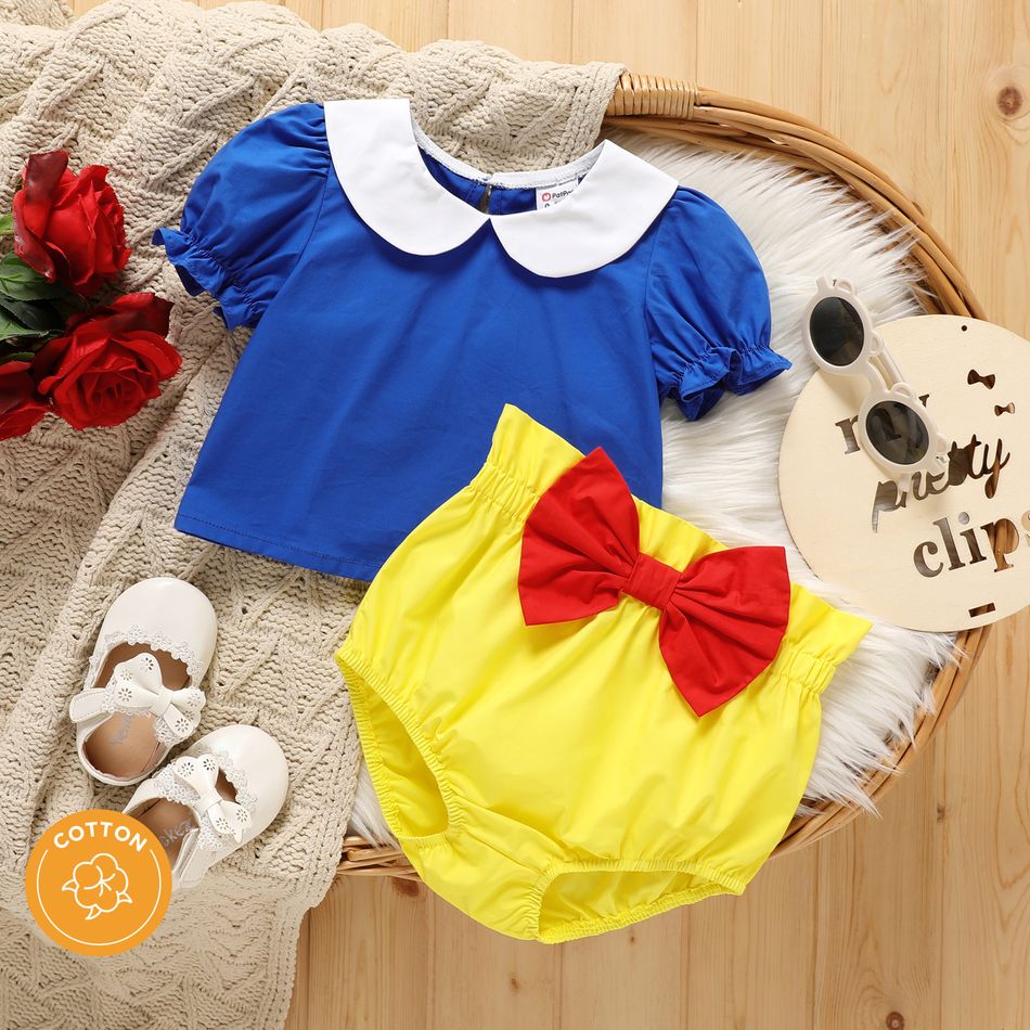 100% Cotton 2pcs Baby Girl Contrast Peter Pan Collar Puff-sleeve Top and Bow Front Shorts Set Colorful