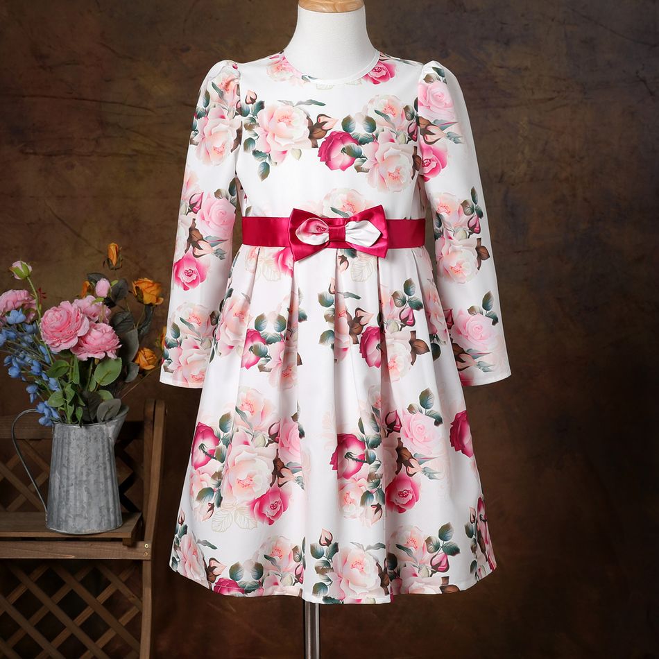 Kid Girl Floral Print Bowknot Design Long Puff-sleeve Dress Colorful