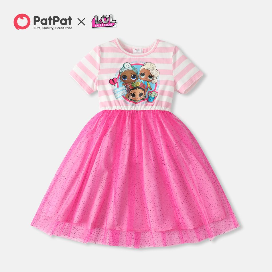 L.O.L. SURPRISE! Kid Girl Striped Mesh Glitter Design Short-sleeve Cotton Dress Pink