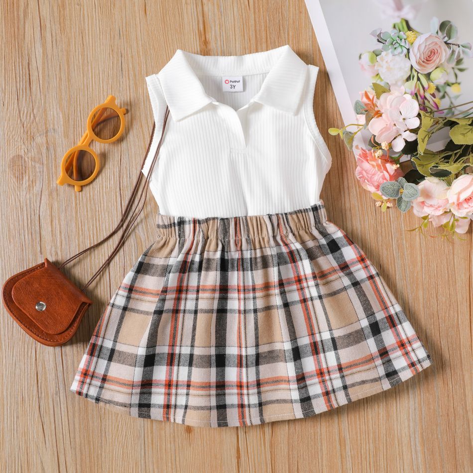 2pcs Toddler Girl Lapel Collar Sleeveless White Tee and Plaid Shorts Set White