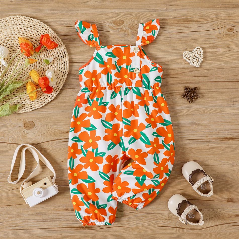 Babymädchen-Overall mit Knopfleiste vorne, durchgehend mit Blumendruck und Rüschenbesatz orange