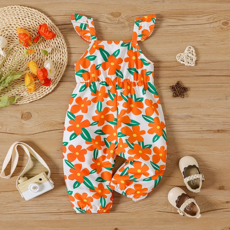 Baby Girl Button Front Allover Floral Print Ruffle Trim Overalls Orange big image 2