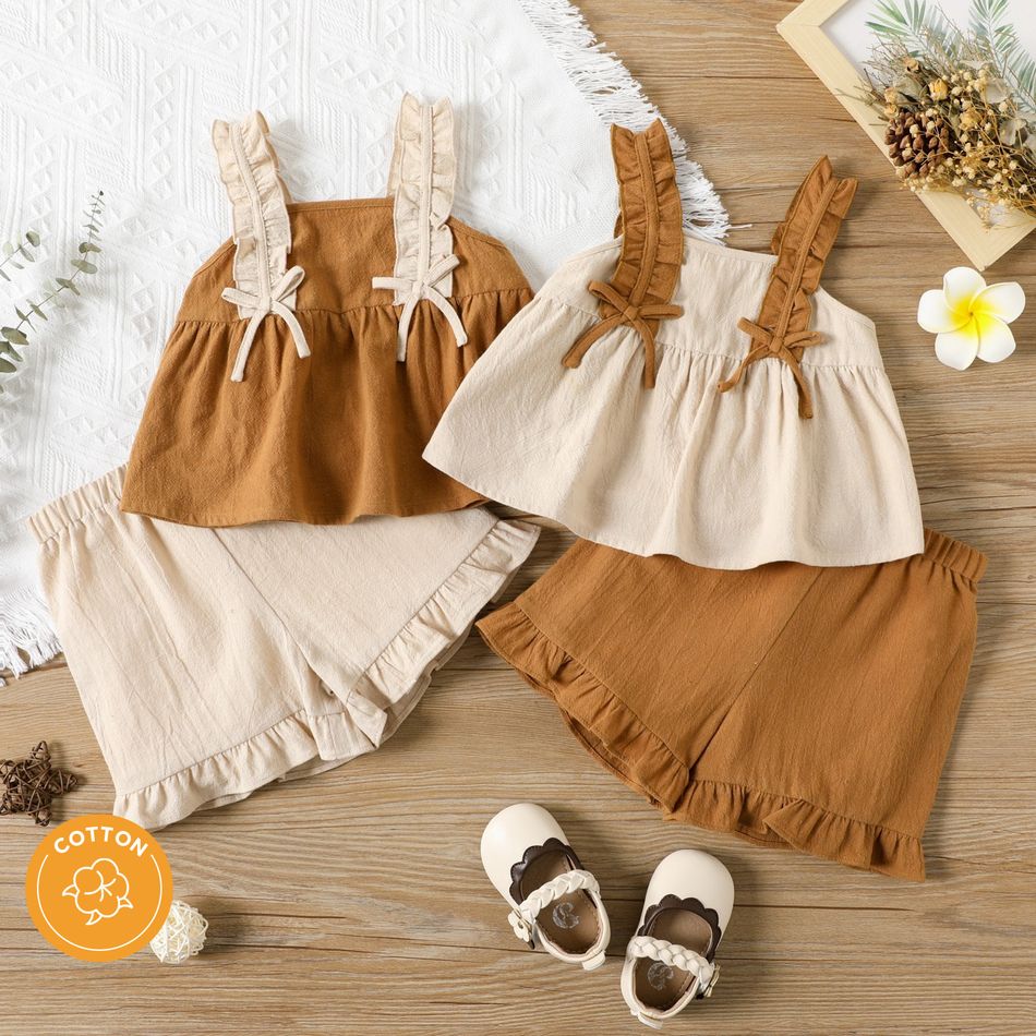 100% Cotton 2pcs Baby Girl Ruffle Sleeveless Top and Shorts Set Apricot big image 2