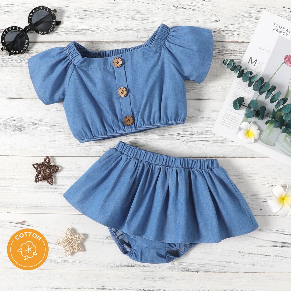 100% Cotton 2pcs Baby Girl Button Front Solid Denim Short-sleeve Crop Top and Shorts Set Light Blue big image 1