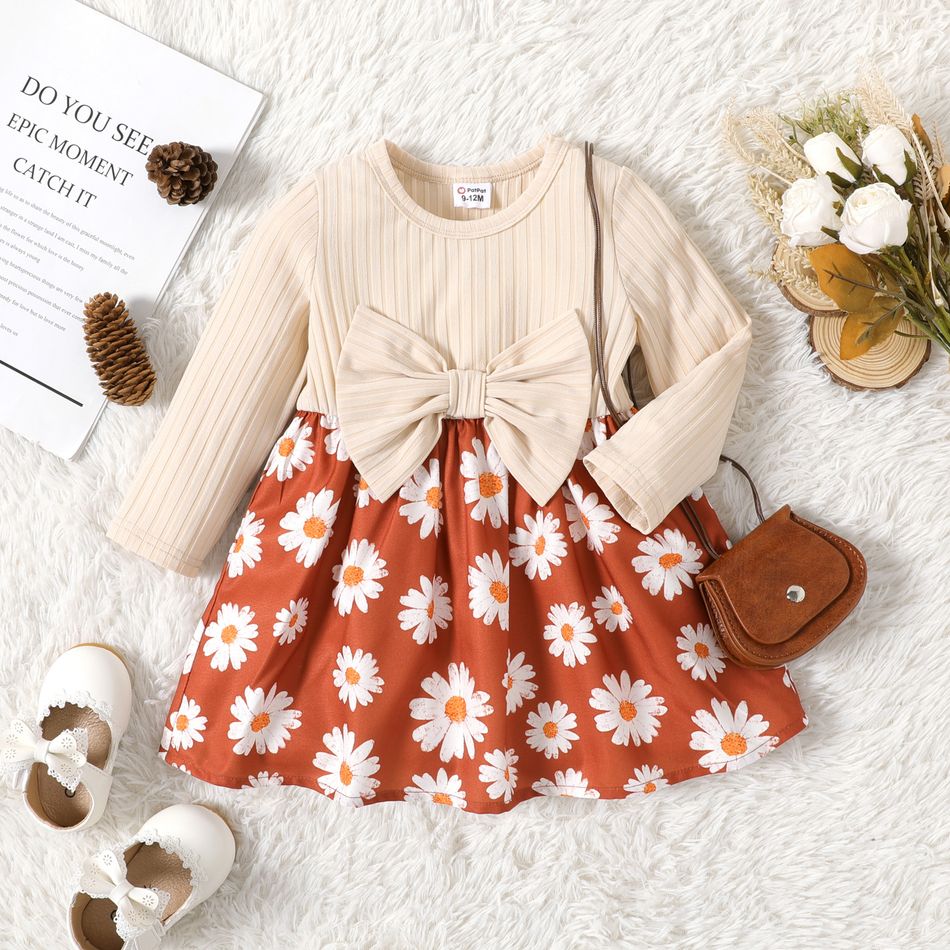Baby Girl Bow Front Long-sleeve Rib Knit Spliced Daisy Floral Print Dress ColorBlock