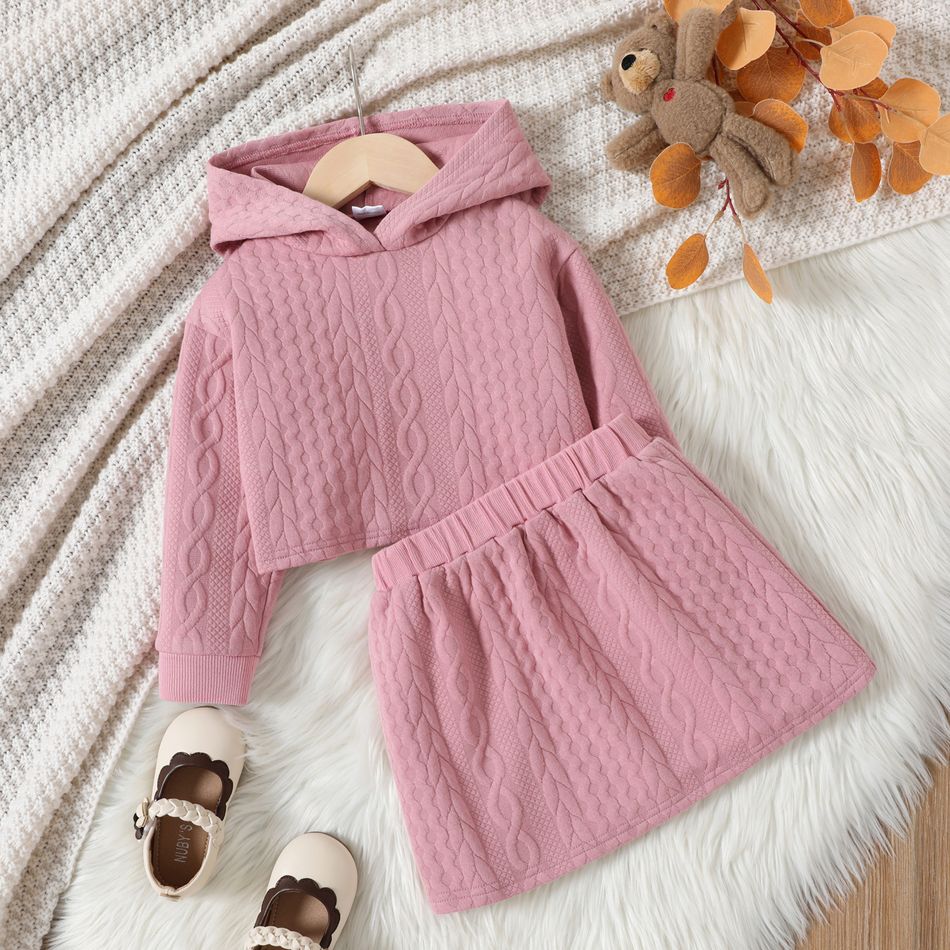 2pcs Toddler Girl Cable Knit Textured Hooded Sweatshirt and Pink Skirt Set Pink