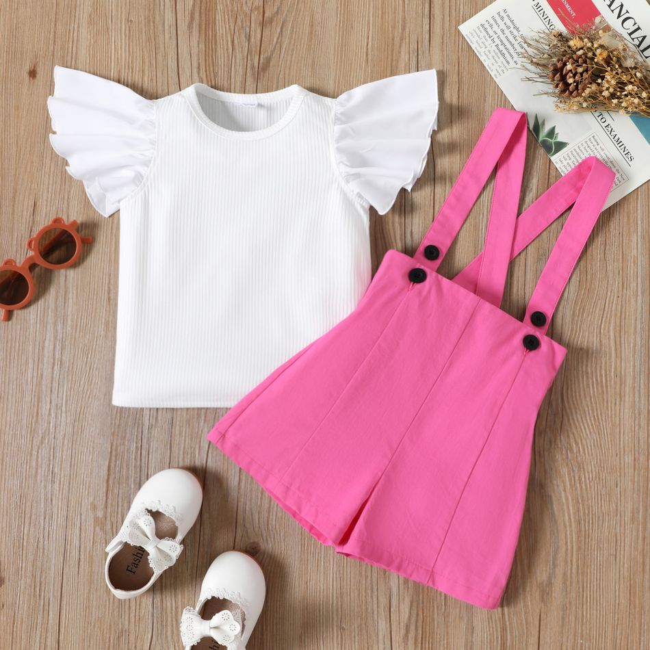 2pcs Toddler Girl Ribbed Flutter-sleeve White Tee and Pink Suspender Shorts Set Roseo