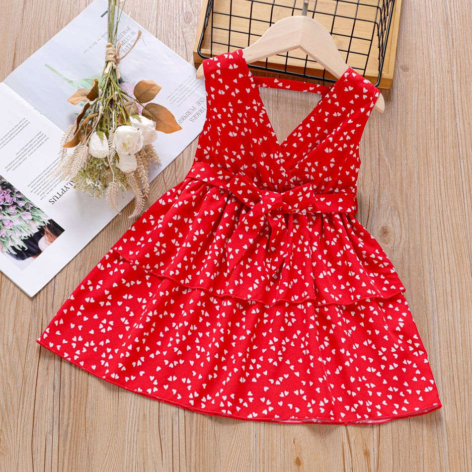 Toddler Girl Heart Print V Neck Belted Sleeveless Red Dress Red