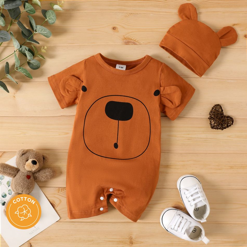 2pcs Baby Boy/Girl 95% Cotton Short-sleeve Cartoon Bear Print 3D Ears Romper with Hat Set Brown