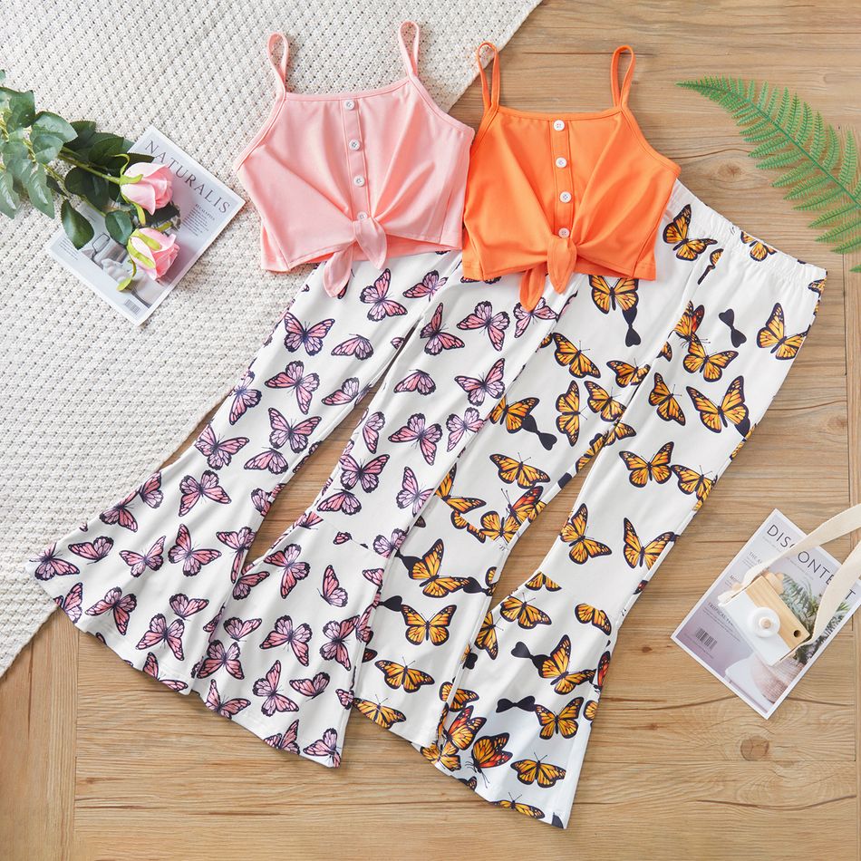 2pcs Kid Girl Button Design Tie Knot Camisole and Butterfly Print Flared Pants Set Orange big image 2