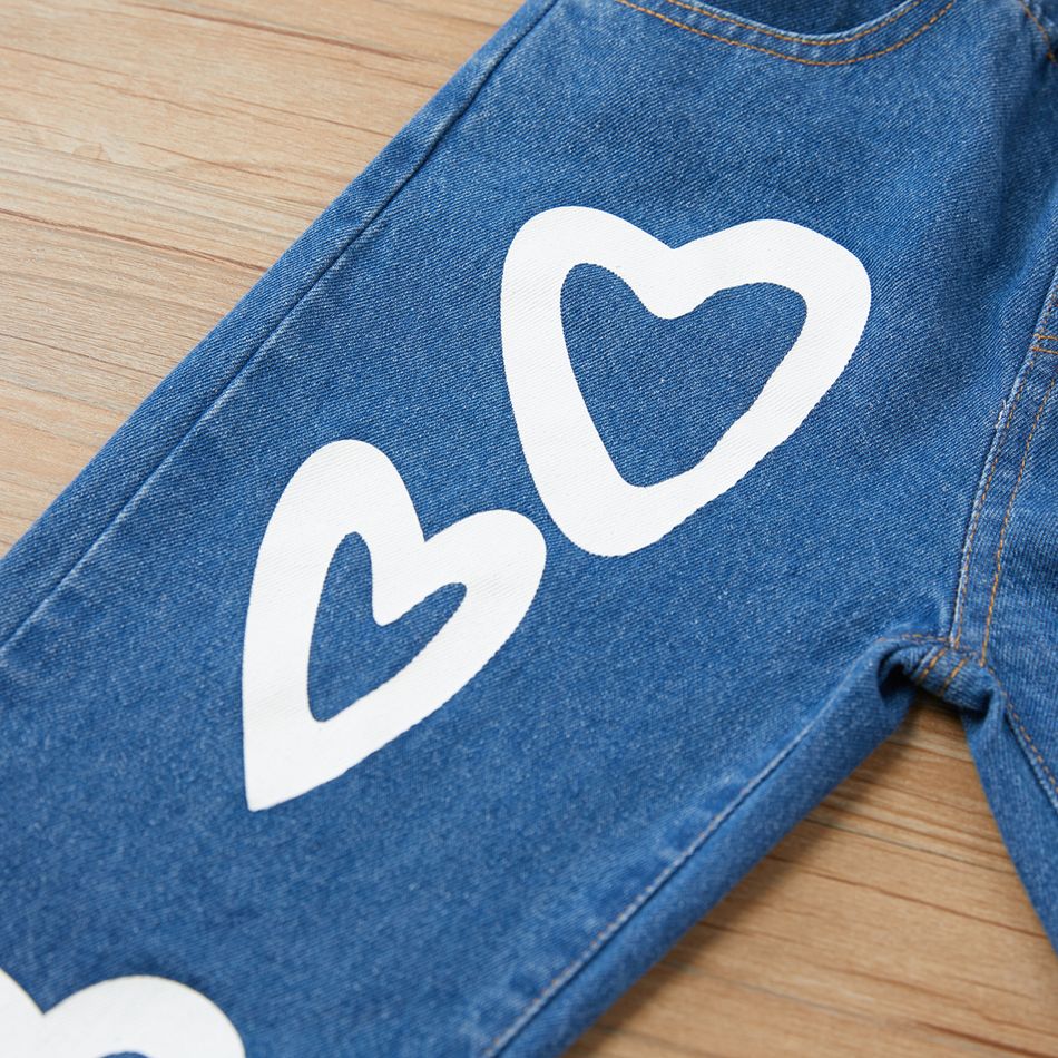 Kid Girl Heart Print Straight Blue Denim Jeans Blue big image 4