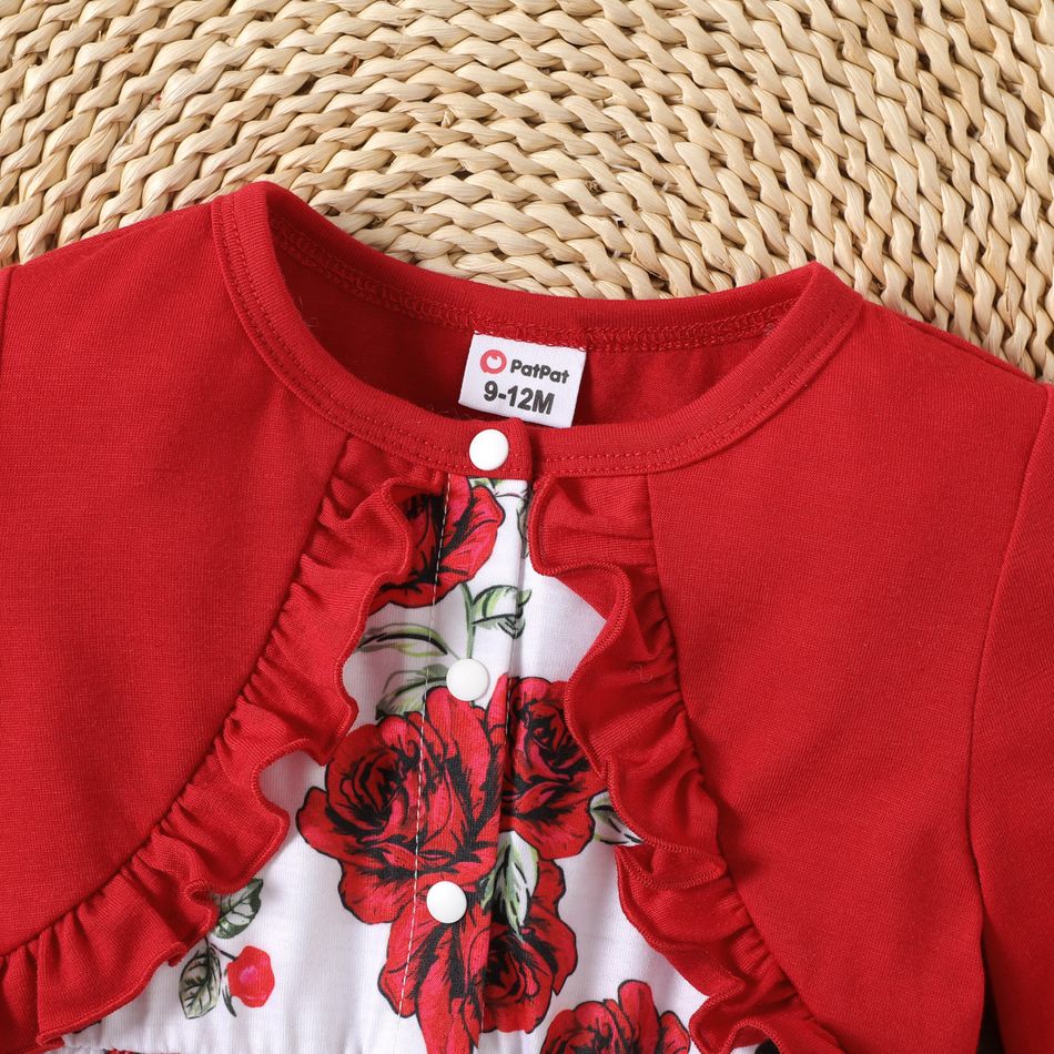 2pcs Baby Girl Red Long-sleeve Faux-two Ruffle Trim Allover Rose Floral Print Dress with Headband Set Red big image 3