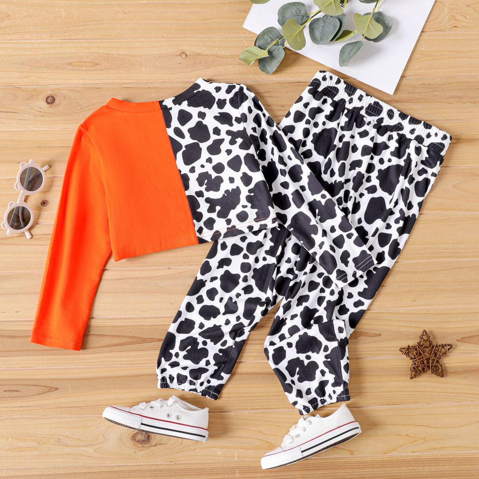 2pcs Toddler Girl Cow Print Colorblock Long-sleeve Crop Tee and Allover Print Leggings Set Orange big image 2