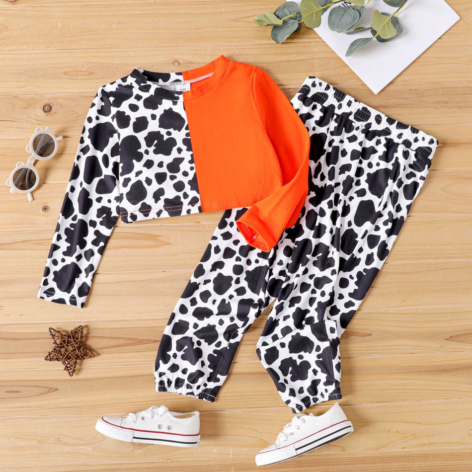 2pcs Toddler Girl Cow Print Colorblock Long-sleeve Crop Tee and Allover Print Leggings Set Orange big image 1