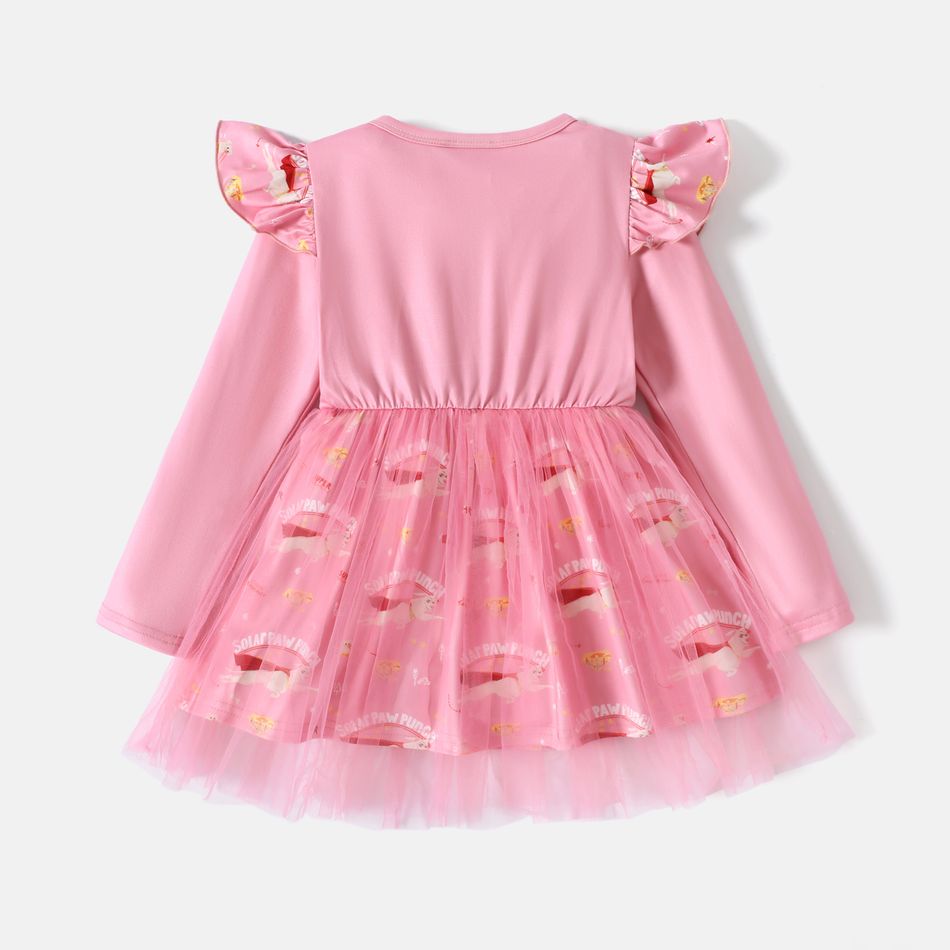 Super Pets Toddler Girl Letter Print Ruffled Mesh Design Long-sleeve Pink Dress Pink big image 2