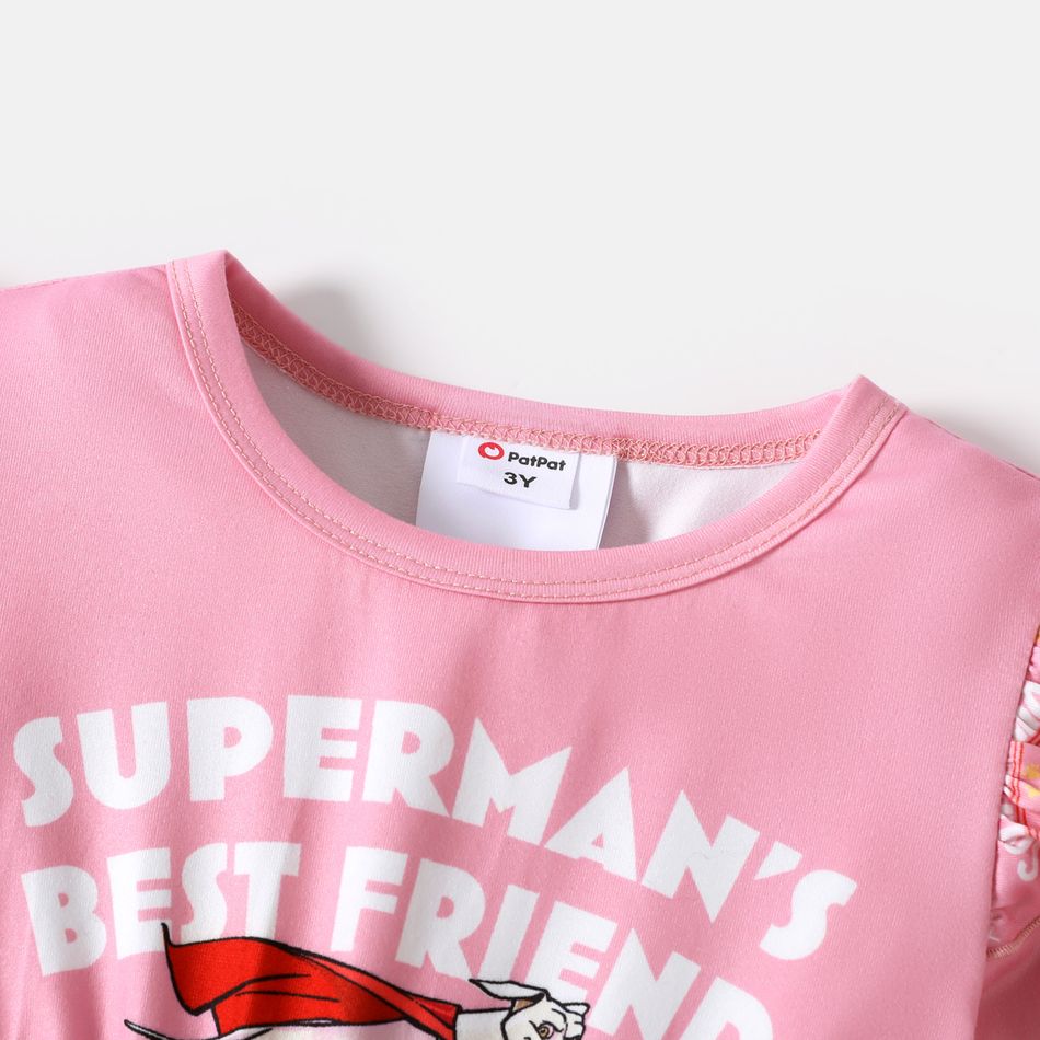 Super Pets Toddler Girl Letter Print Ruffled Mesh Design Long-sleeve Pink Dress Pink big image 4