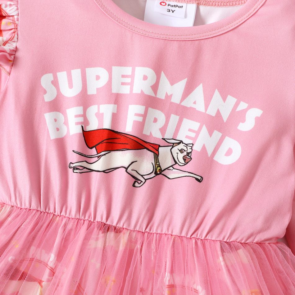 Super Pets Toddler Girl Letter Print Ruffled Mesh Design Long-sleeve Pink Dress Pink big image 3