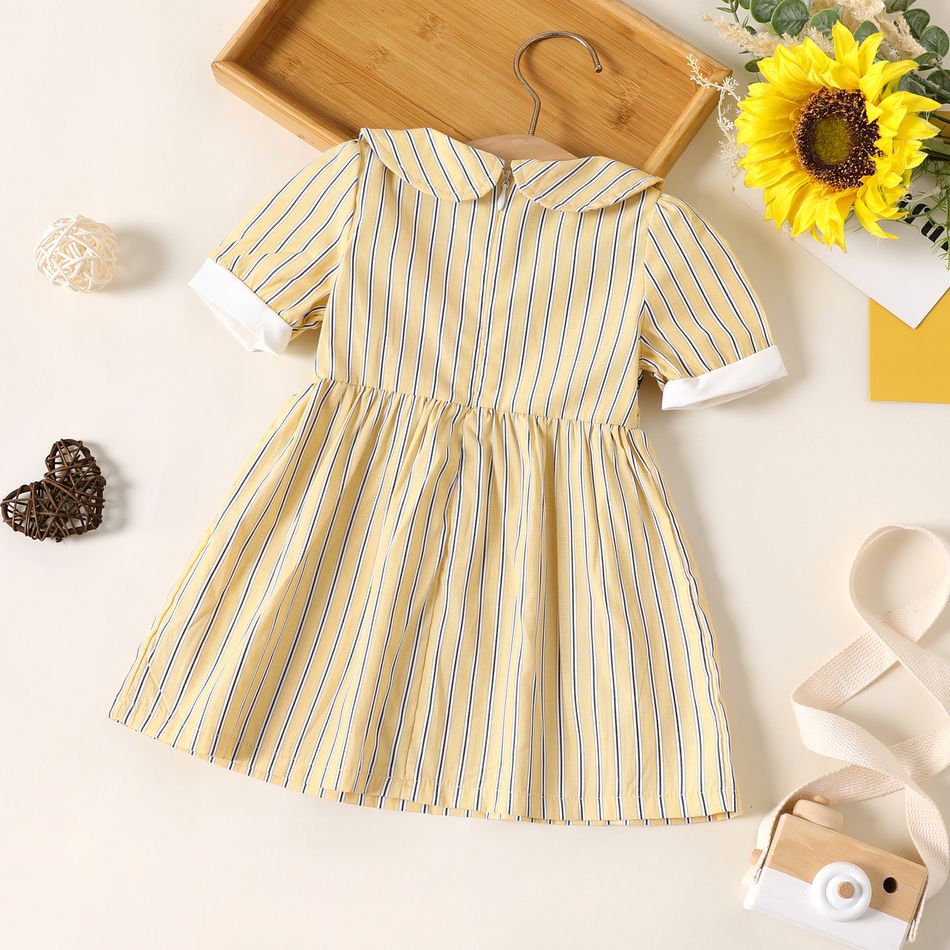 Equally Cute Baby Siblings Striped Shirred Doll Collar Short-sleeve Beige and White Dress or Set White big image 5
