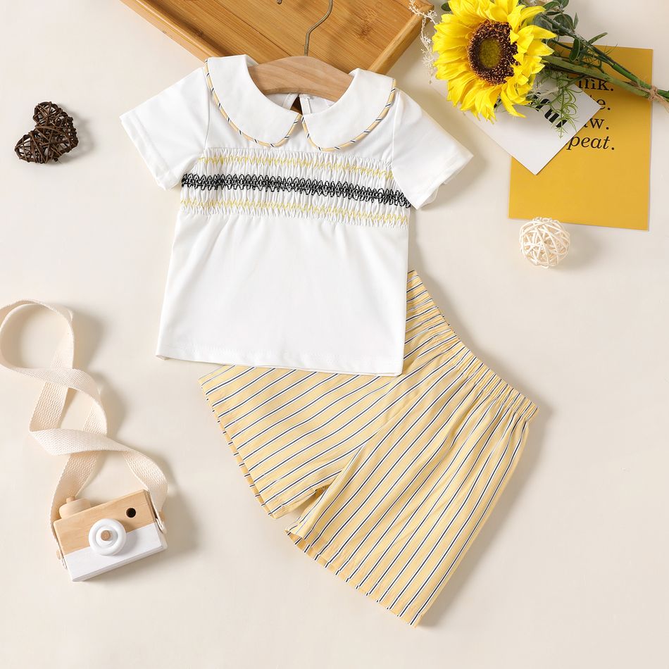 Equally Cute Baby Siblings Striped Shirred Doll Collar Short-sleeve Beige and White Dress or Set White big image 1
