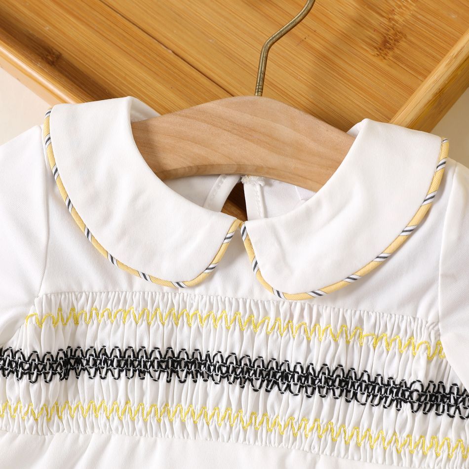 Equally Cute Baby Siblings Striped Shirred Doll Collar Short-sleeve Beige and White Dress or Set White big image 6