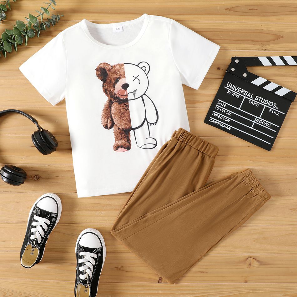 2pcs Kid Boy Bear Print Short-sleeve Tee and Elasticized Pants Set White