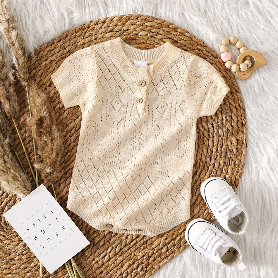 Baby Girl Button Front Solid Eyelet Knit Short-sleeve Romper Beige