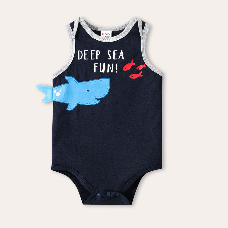 3-Pack Baby Boy 100% Cotton Cartoon Shark & Letter Print Tank Romper and Short-sleeve Tee with Striped Shorts Set ColorBlock big image 12