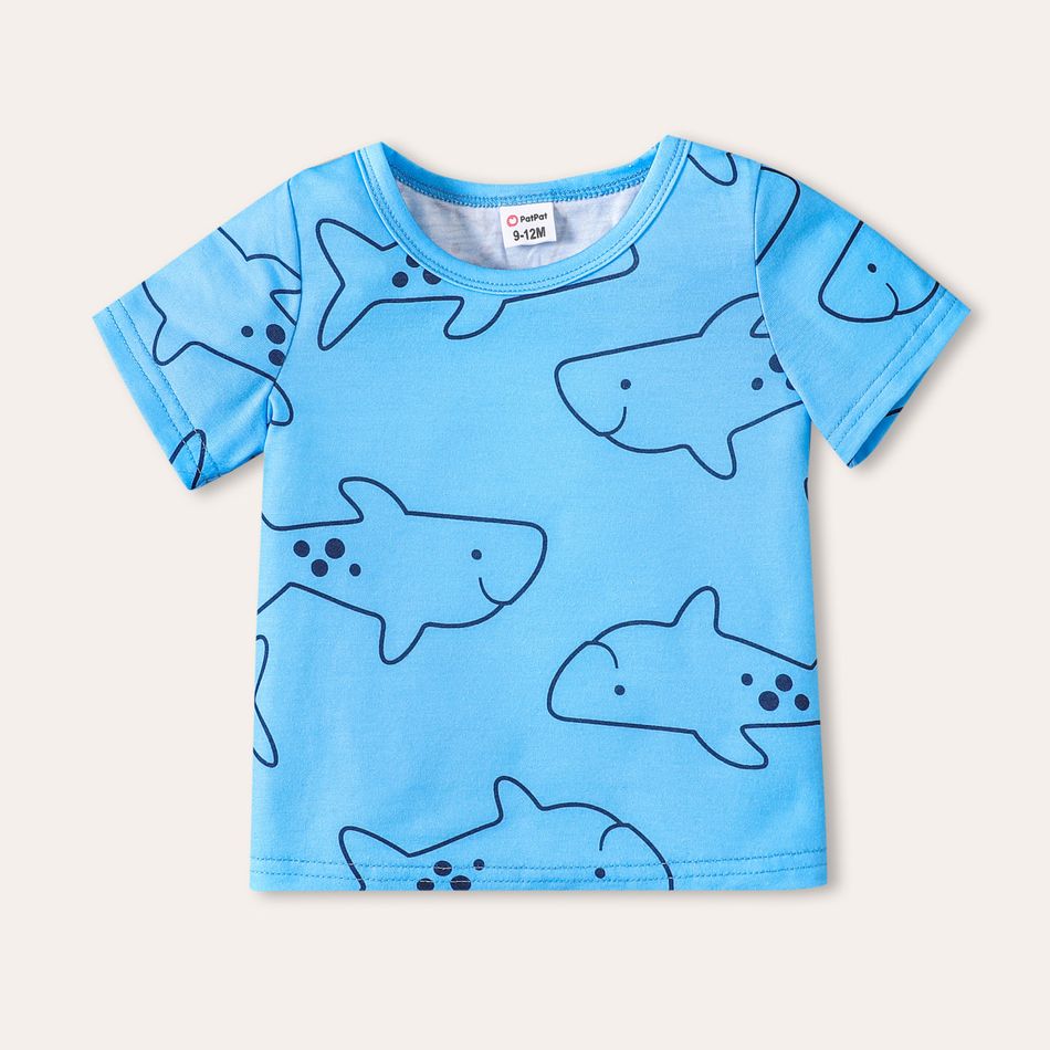 3-Pack Baby Boy 100% Cotton Cartoon Shark & Letter Print Tank Romper and Short-sleeve Tee with Striped Shorts Set ColorBlock big image 2