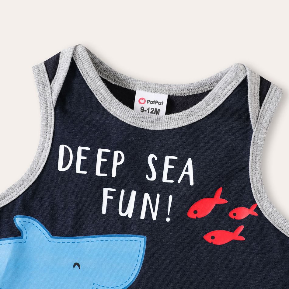 3-Pack Baby Boy 100% Cotton Cartoon Shark & Letter Print Tank Romper and Short-sleeve Tee with Striped Shorts Set ColorBlock big image 14