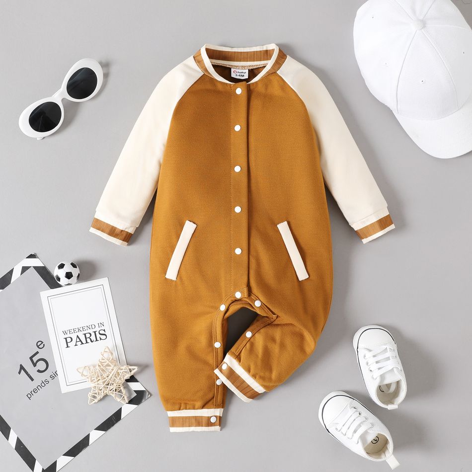 Baby Boy Colorblock Raglan-sleeve Snap Jumpsuit Brown