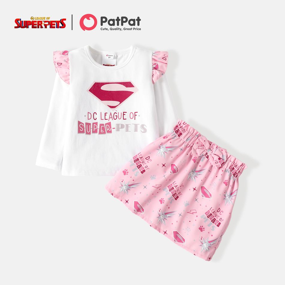 Super Pets 2pcs Toddler Girl Letter Print Ruffled Long-sleeve Cotton Tee and Allover Print Skirt Set White