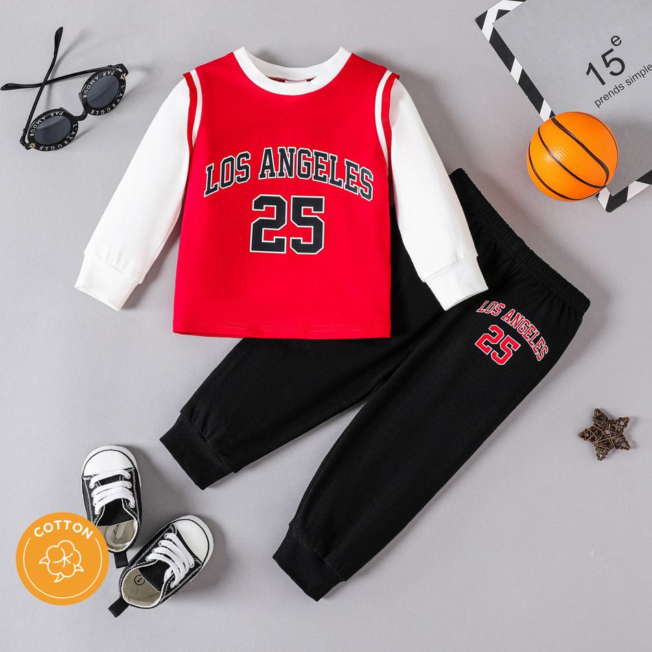 2pcs Baby Boy 95% Cotton Long-sleeve Faux-two Letter & Number Print Top and Sweatpants Set Color block
