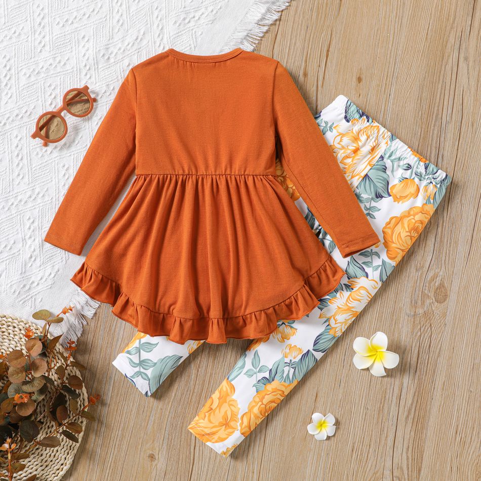 2pcs Toddler Girl Bowknot Design Ruffled High Low Long-sleeve Brown Brown Tee and Floral Print Leggings Set Brown big image 2