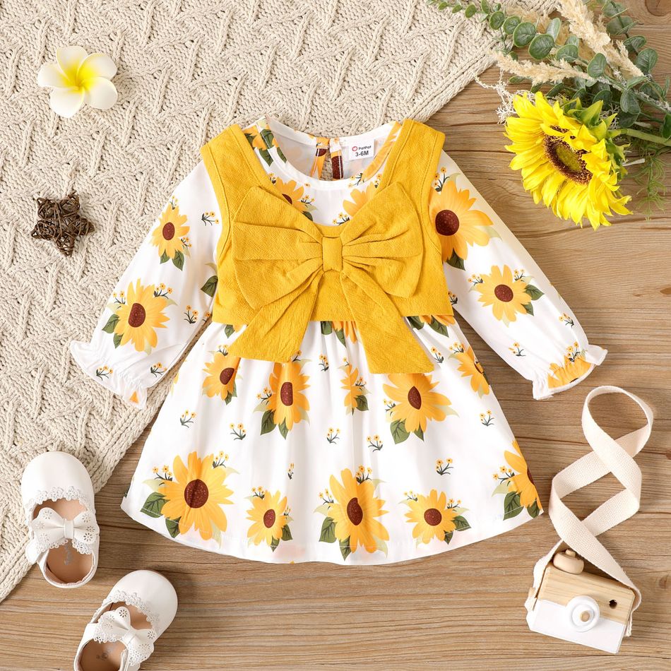 2-teiliges Baby-Mädchen-Top aus 100 % Baumwolle mit Schleife vorne und langärmligem Kleid-Set mit Allover-Sonnenblumen-Blumendruck gelb