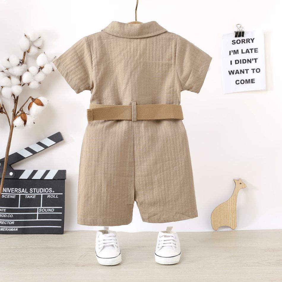 Baby Boy/Girl 95% Cotton Short-sleeve Button Front Belted Overalls Shorts Almond Beige big image 2