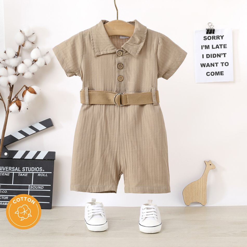Baby Boy/Girl 95% Cotton Short-sleeve Button Front Belted Overalls Shorts Almond Beige