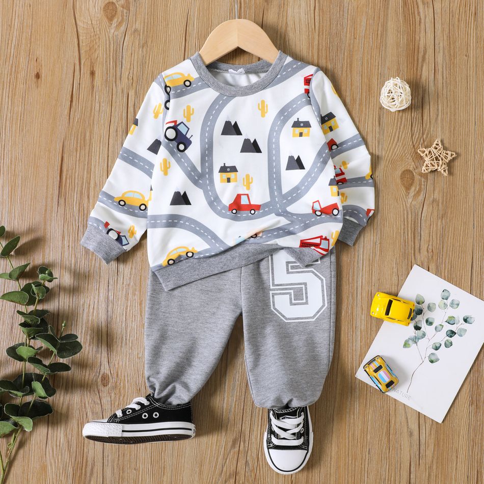 2pcs Toddler Boy Vehicle Print Pullover Sweatshirt and Number Print Grey Pants Set flowergrey big image 1
